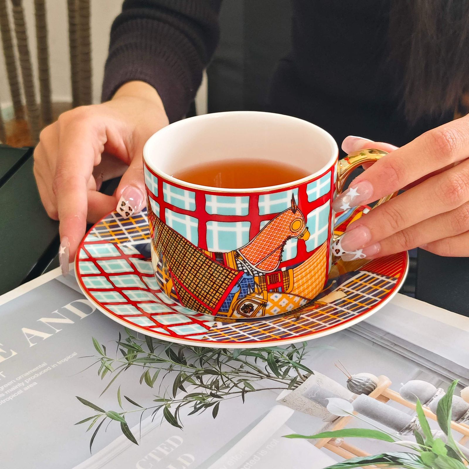 Hermes tea set of two cups with saucers - orange horses